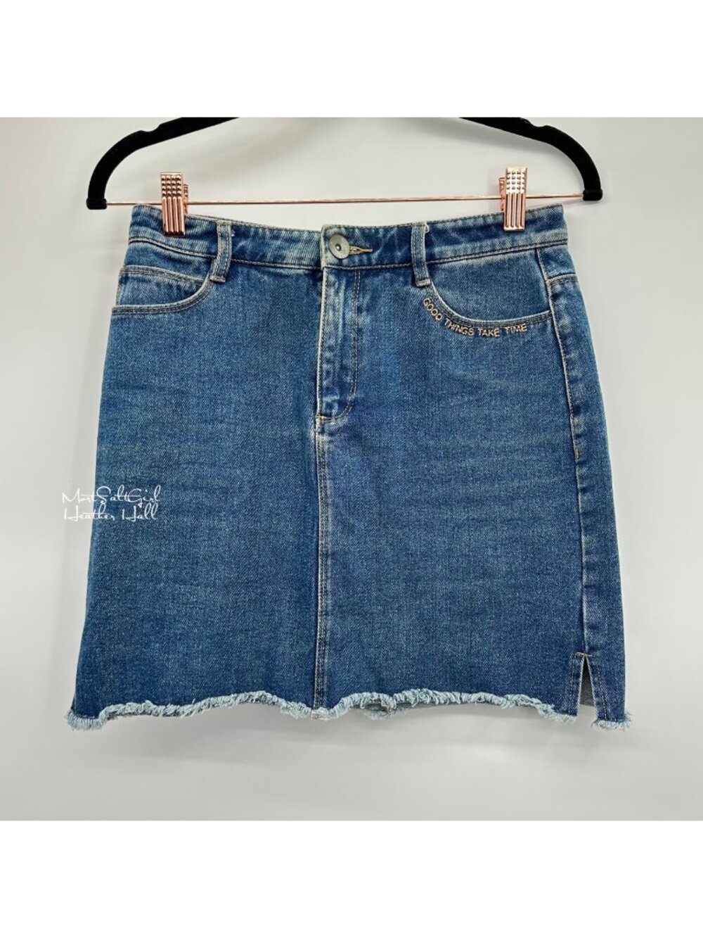 OChirly Denim Mini Skirt with Embroidered "Good Things Take Time" Size Small